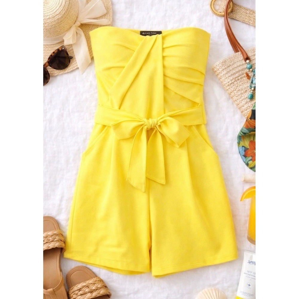 GREAT JONES Romper XS Strapless Sweetheart Neon Anthropologie Tie Waist‎ Resort